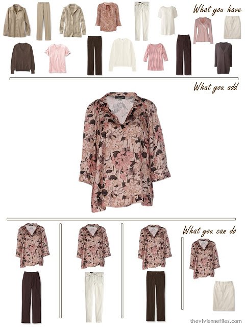 add a pink and brown floral blouse to a brown, khaki and pink wardrobe