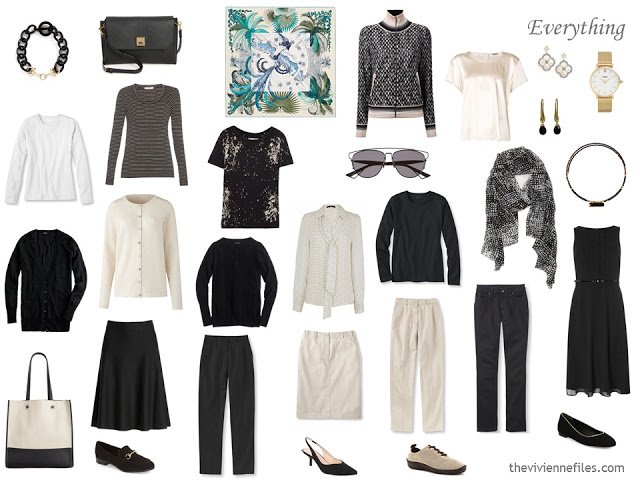 a 16-piece travel or capsule wardrobe in black and beige 