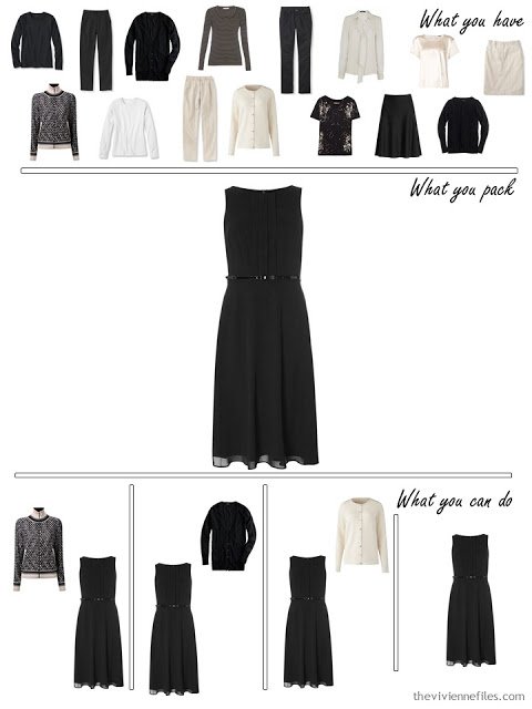 adding a black dress to a black, white and beige travel capsule wardrobe