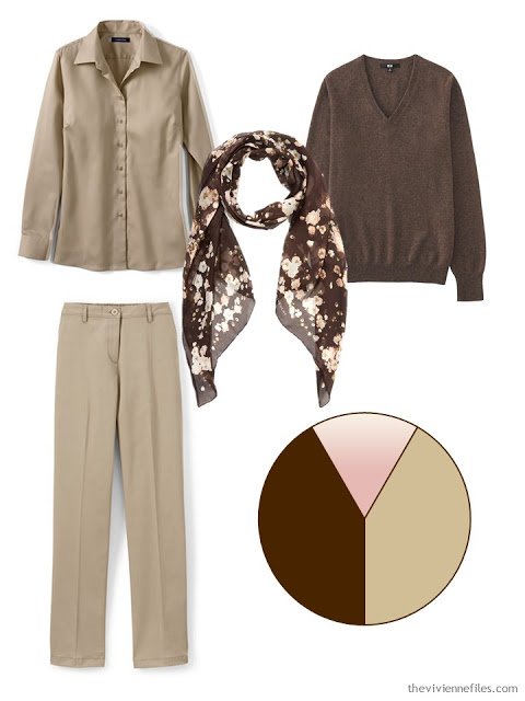 beige and brown 3-piece outfit, with brown floral scarf, and a brown, beige and pink color scheme