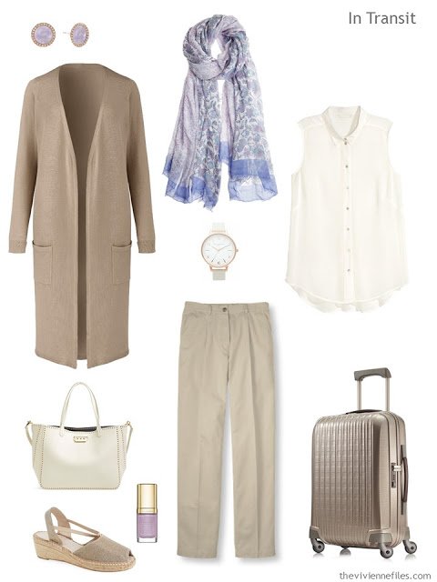 A Travel Capsule Wardrobe in Beige, mauve, blue, and green, inspired by Branch of the Seine by Claude Monet