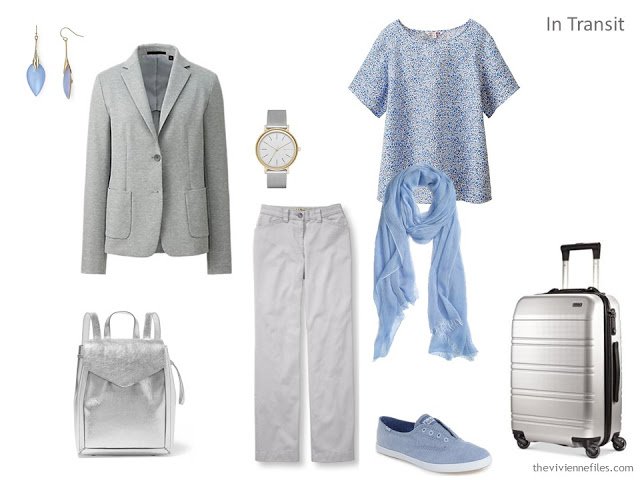 A travel capsule wardrobe in grey and blue