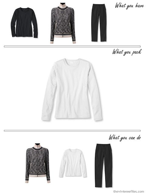 adding a white tee shirt to a beige, black and white travel capsule wardrobe