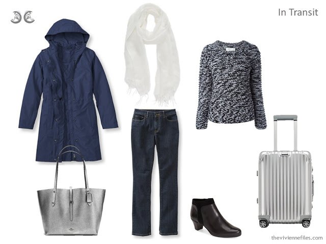 Travel capsule wardrobe in a navy, white, and grey color palette