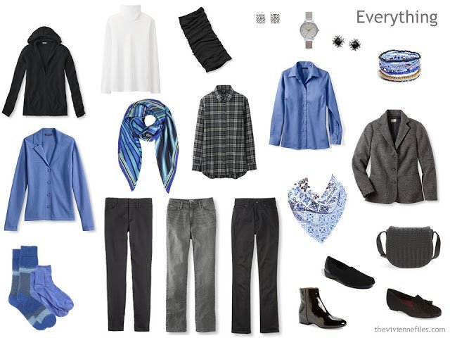 A Winter Travel Capsule Wardrobe in Black, Blue and White