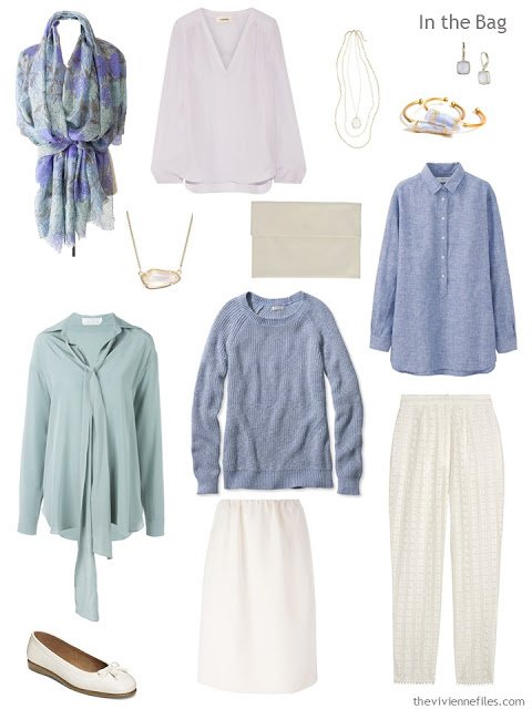 A Travel Capsule Wardrobe in Beige, mauve, blue, and green, inspired by Branch of the Seine by Claude Monet