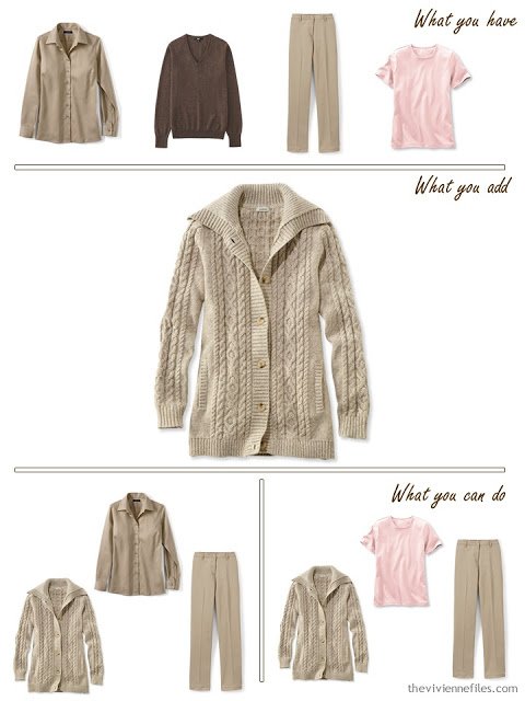 add a khaki cardigan to a brown, khaki and pink wardrobe