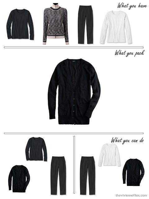 adding a black cardigan to a black, white and beige travel capsule wardrobe