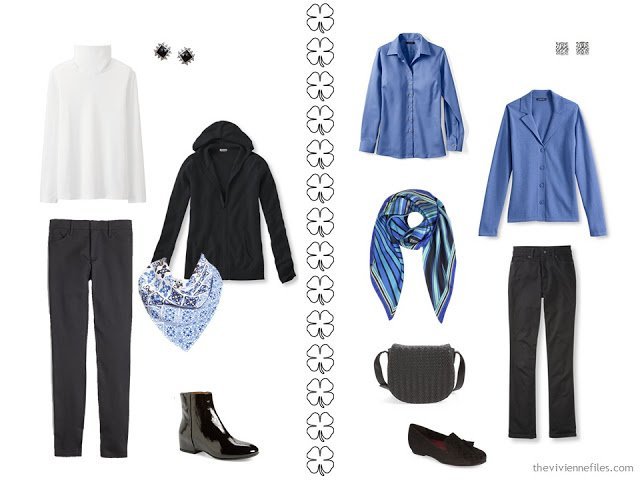 A Winter Travel Capsule Wardrobe in Black, Blue and White