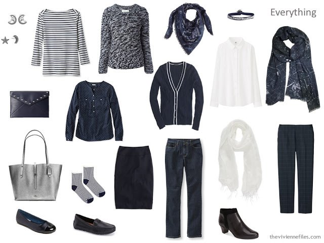Travel capsule wardrobe in a navy, white, and grey color palette