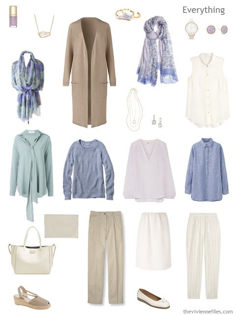 A Travel Capsule Wardrobe in Beige, mauve, blue, and green, inspired by Branch of the Seine by Claude Monet