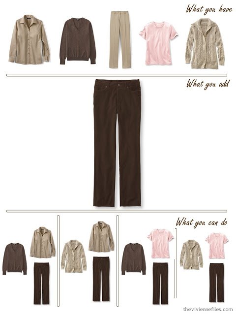 add brown corduroy pants to a brown, khaki and pink wardrobe