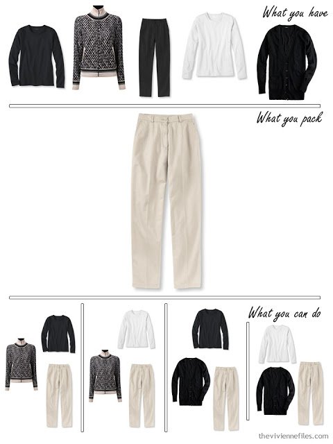 adding khakis to a black, white and beige travel capsule wardrobe