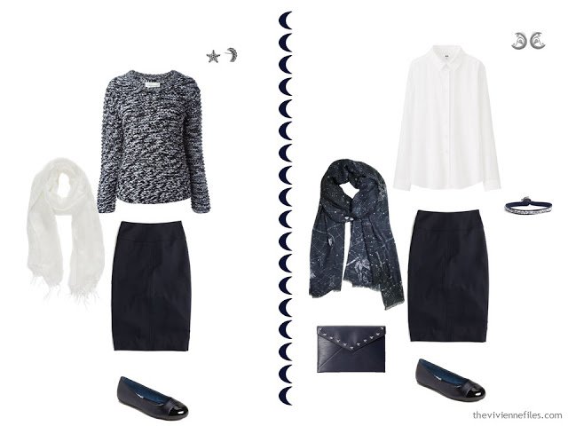 Two outfits in a Travel capsule wardrobe in a navy, white, and grey color palette