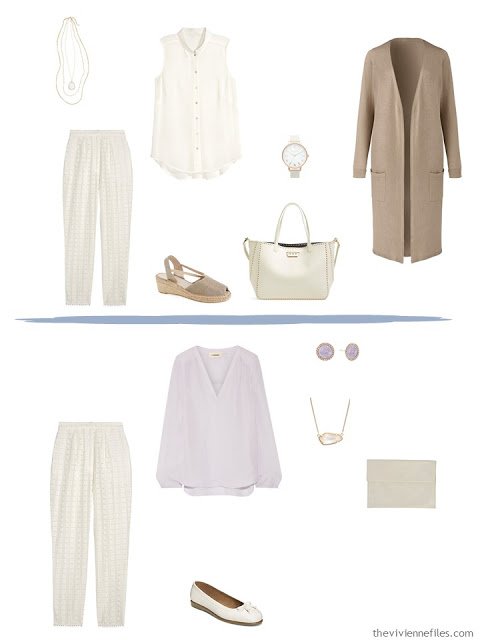 A Travel Capsule Wardrobe in Beige, mauve, blue, and green, inspired by Branch of the Seine by Claude Monet