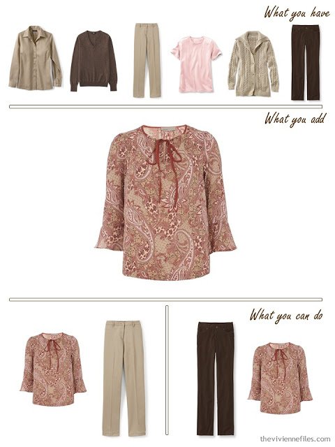 add a paisley blouse to a brown, khaki and pink wardrobe
