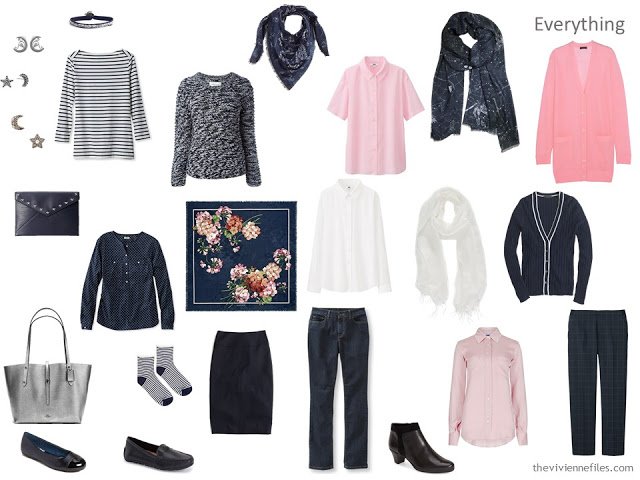 navy and pink travel capsule wardrobe