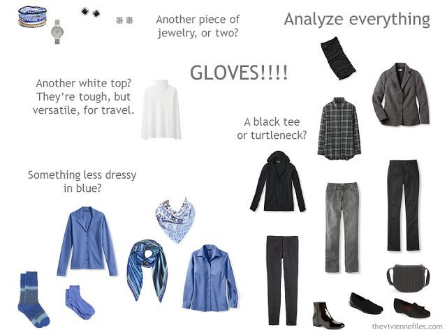 A Winter Travel Capsule Wardrobe in Black, Blue and White