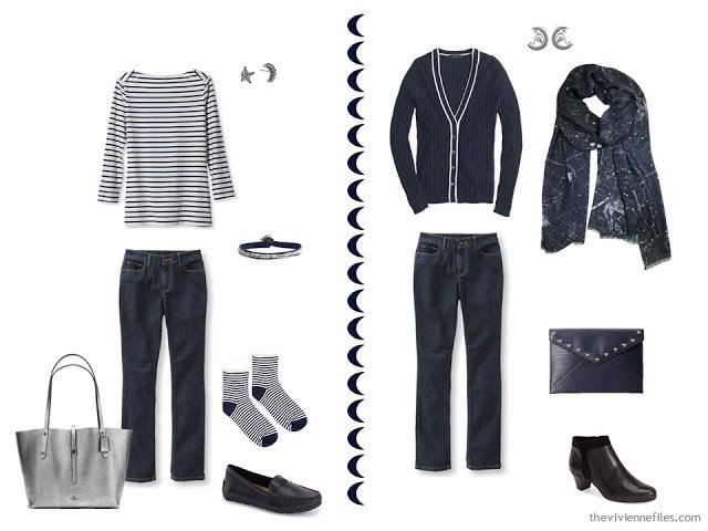 Two outfits in a Travel capsule wardrobe in a navy, white, and grey color palette