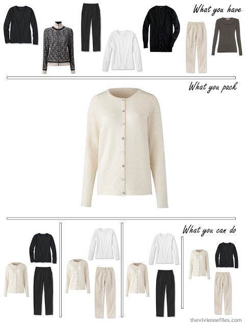 adding a beige cardigan to a black, white and beige travel capsule wardrobe