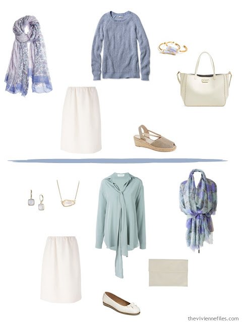 A Travel Capsule Wardrobe in Beige, mauve, blue, and green, inspired by Branch of the Seine by Claude Monet