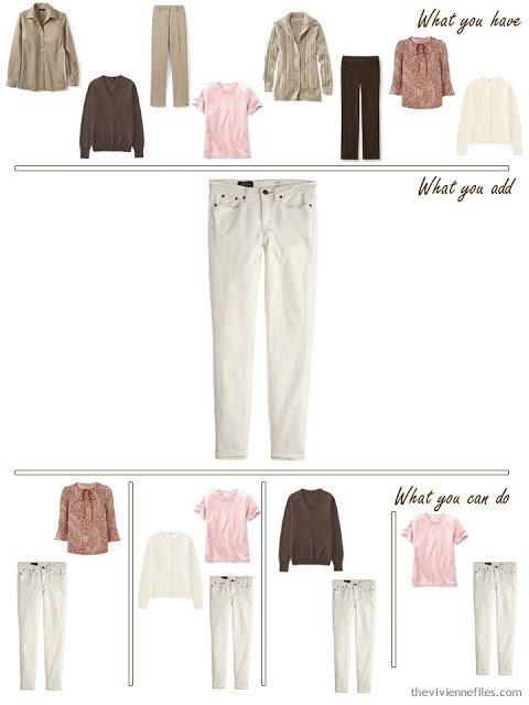 add ecru jeans to a brown, khaki and pink wardrobe