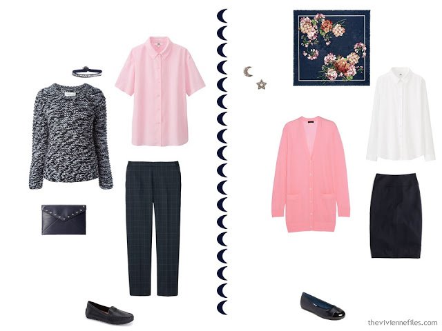 2 navy and pink travel outfits