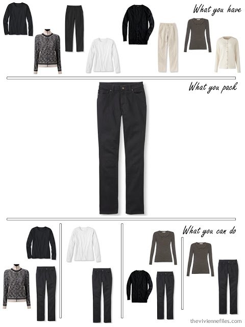 adding black jeans to a black, white and beige travel capsule wardrobe