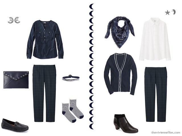 Two outfits in a Travel capsule wardrobe in a navy, white, and grey color palette