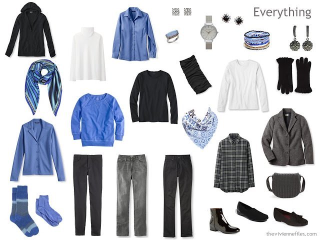 A Winter Travel Capsule Wardrobe in Black, Blue and White - The ...