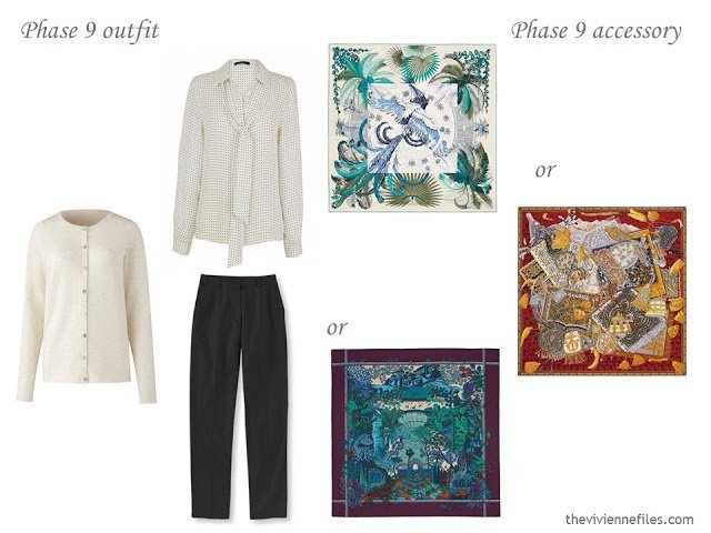 What Hermes scarf to wear with a beige and white outfit?