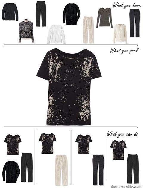 adding a print tee shirt to a black, white and beige travel capsule wardrobe