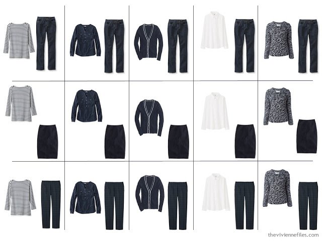 Travel capsule wardrobe in a navy, white, and grey color palette