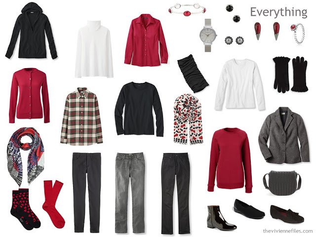 A Winter Travel Capsule Wardrobe in Black, Red and White