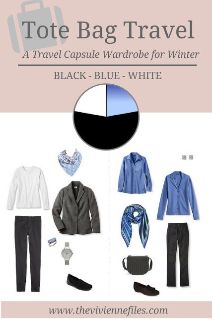 A Winter Travel Capsule Wardrobe in Black, Blue and White
