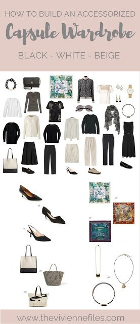 How to add accessories to a capsule wardrobe in a black, white, and beige color palette