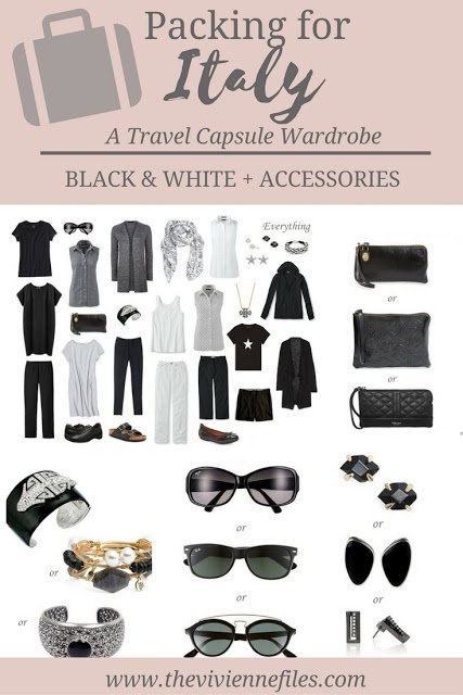 What to pack for travel to Italy; a travel capsule wardrobe in black and white with accessories