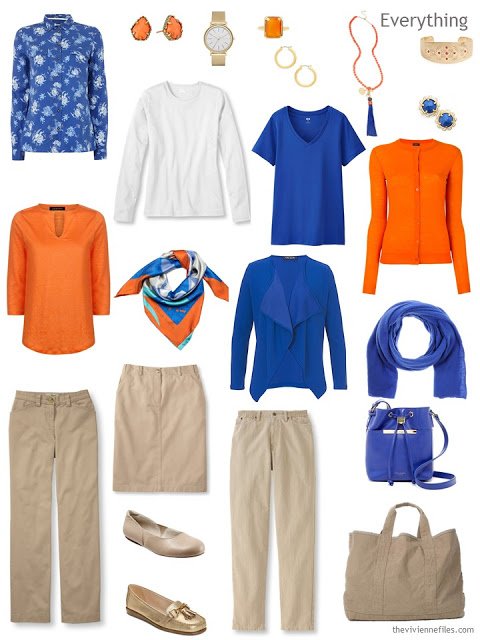 A Capsule Wardrobe in Beige, Bright Blue and Orange: From Travel Wardrobe to Whatever's Clean