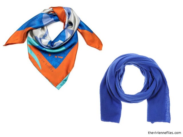 two scarves, in orange, bright blue and white