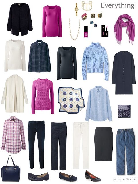 16-piece travel capsule wardrobe in navy, hot pink, light blue and ivory