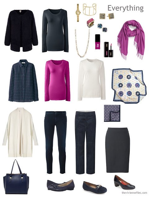 travel capsule wardrobe in navy, hot pink and cream