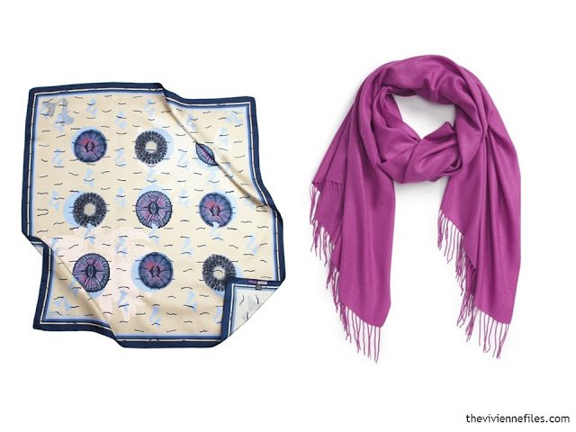 Two scarves, in navy, ivory and hot pink