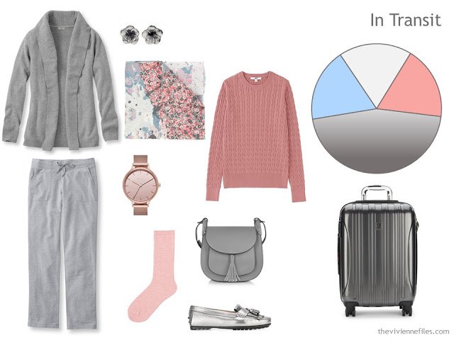 cool-weather travel outfit in grey, peach and light blue