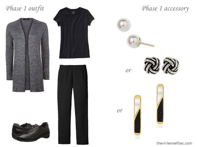 black and white travel outfit with a choice of earrings