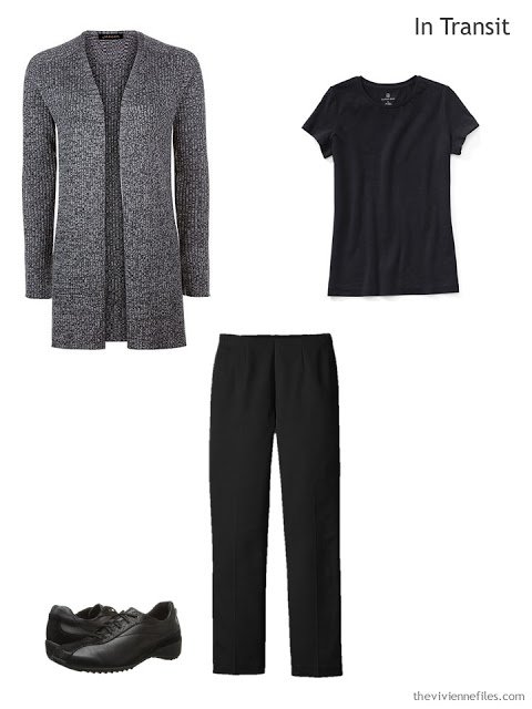 travel outfit of black tee, black pants, and black tweed cardigan