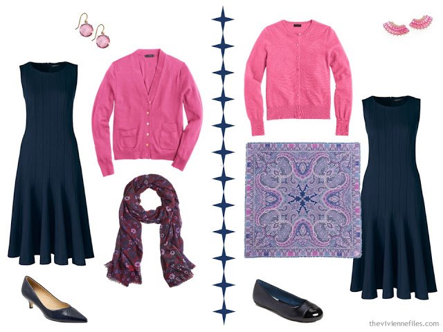 2 ways to wear a navy dress with hot pink accessories