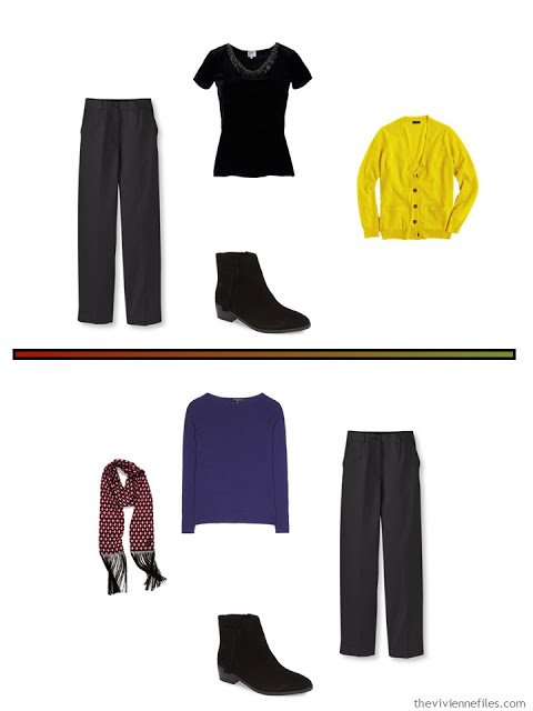 2 outfits for cool weather, including black cordoroy pants