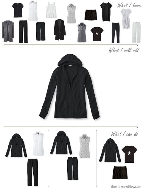 add a black hooded sweatshirt to a travel capsule wardrobe