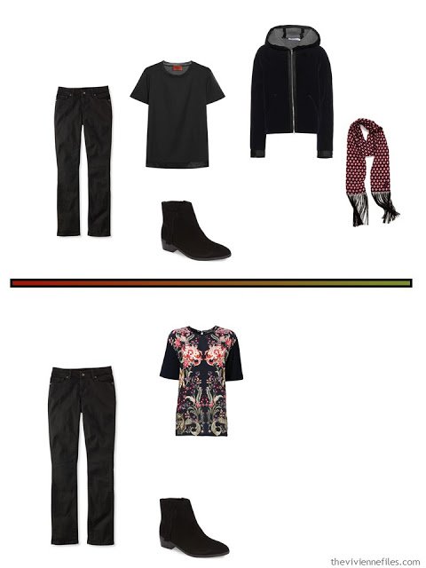 2 outfits for cool weather, including black velvet jeans