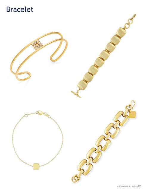 four gold bracelets with square detailing